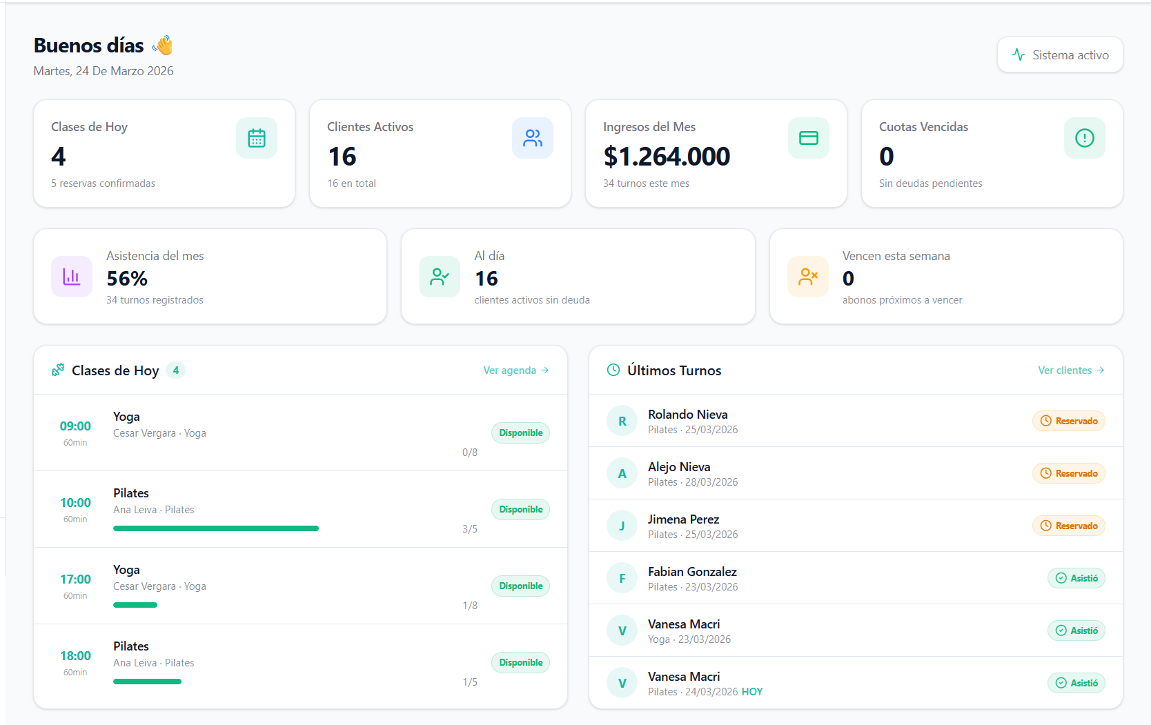 Dashboard de Pilates Flow